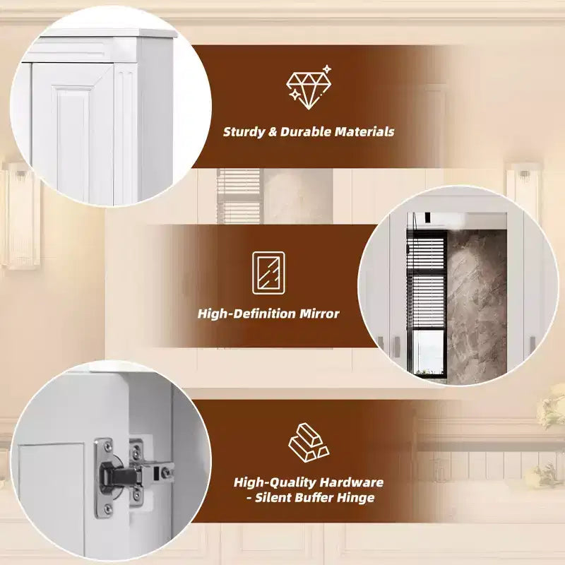 MAYEERTY 35 Bathroom Medicine Cabinet with 5 Closed & Adjustable Shelves Bathroom Wall Mounted Storage Cabinet with Glass Doors White