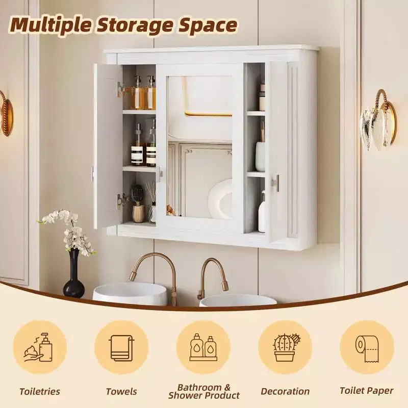 MAYEERTY 35 Bathroom Medicine Cabinet with 5 Closed & Adjustable Shelves Bathroom Wall Mounted Storage Cabinet with Glass Doors White