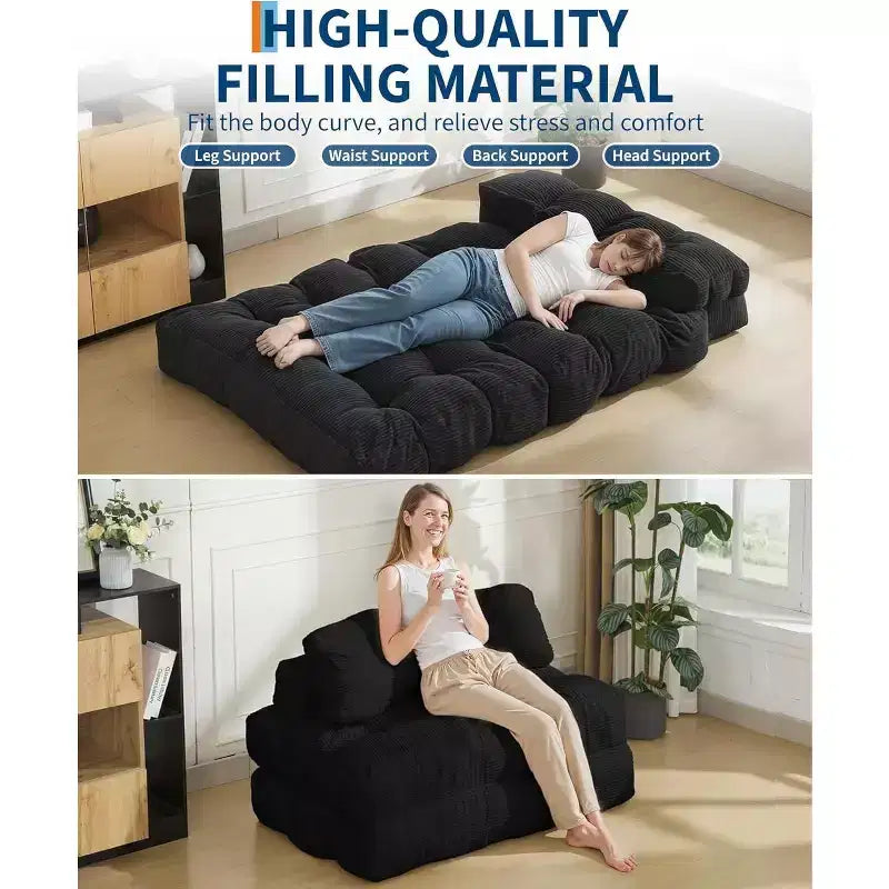 3 in 1 Folding Sofa Bed, Convertible Sleeper Chair with Pillow, Portable Fold Out Chair Bed, Comfy Floor Sofa with Back Support for Living Room,Beige