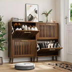 GDFStudio Alaric Modern Wooden Fence Shoe Cabinet with 2 Flip Drawers