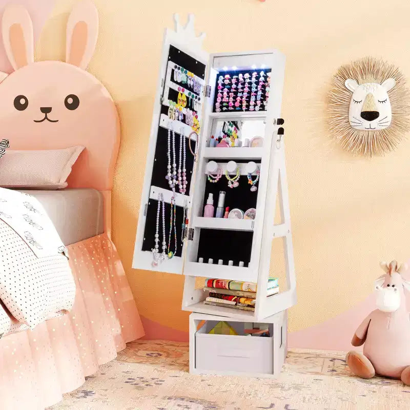 Costway Swivel Kids Jewelry Cabinet w/ Lights Full-Length Mirror & Built-in Mirror