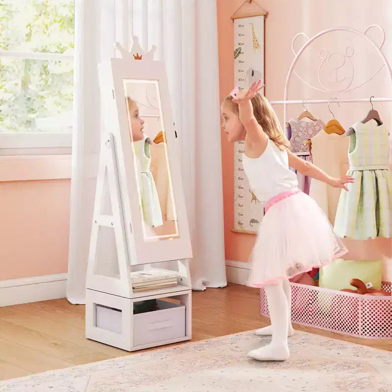 Costway Swivel Kids Jewelry Cabinet w/ Lights Full-Length Mirror & Built-in Mirror