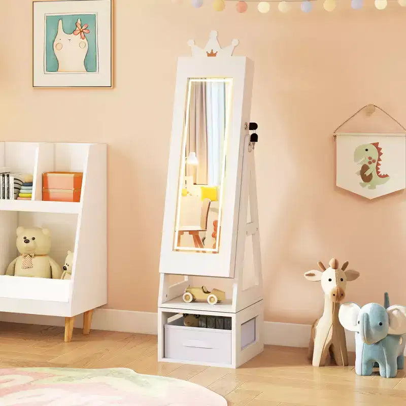 Costway Swivel Kids Jewelry Cabinet w/ Lights Full-Length Mirror & Built-in Mirror