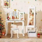 Costway Swivel Kids Jewelry Cabinet w/ Lights Full-Length Mirror & Built-in Mirror
