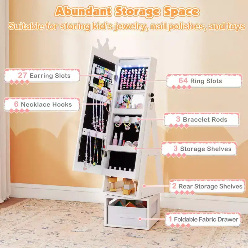 Costway Swivel Kids Jewelry Cabinet w/ Lights Full-Length Mirror & Built-in Mirror