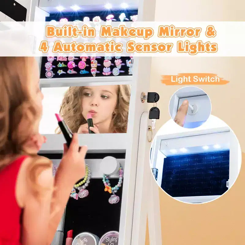 Costway Swivel Kids Jewelry Cabinet w/ Lights Full-Length Mirror & Built-in Mirror
