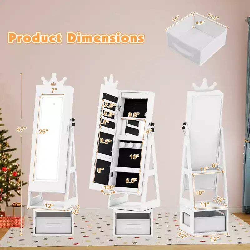 Costway Swivel Kids Jewelry Cabinet w/ Lights Full-Length Mirror & Built-in Mirror