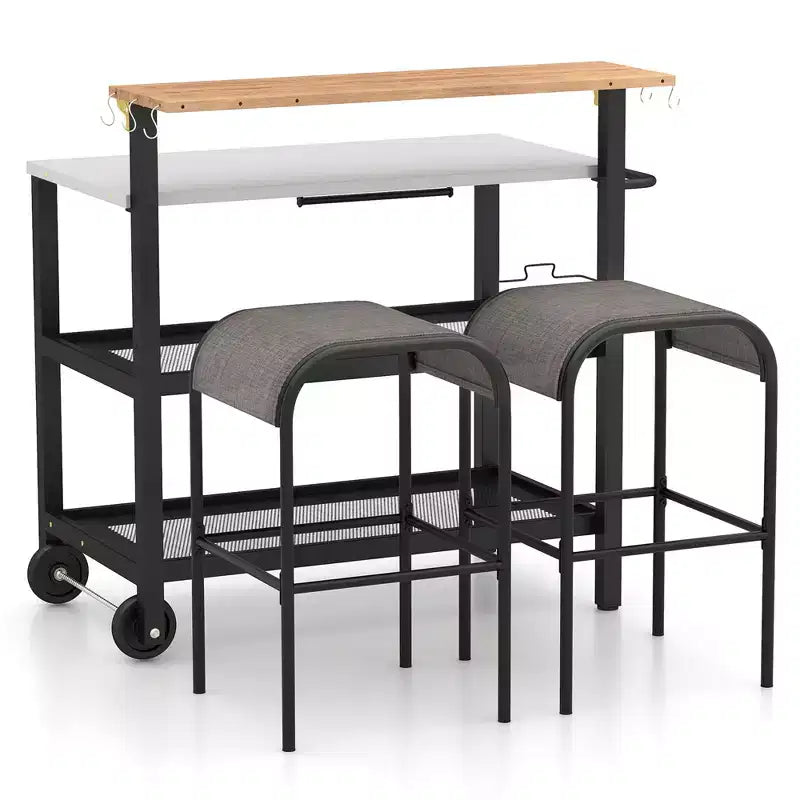 Costway Rolling Bar Cart w/ Flip-up Table Hooks Paper Towel Holder 2 Bistro Stools