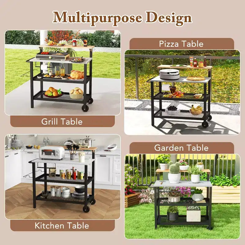 Costway Rolling Bar Cart w/ Flip-up Table Hooks Paper Towel Holder 2 Bistro Stools