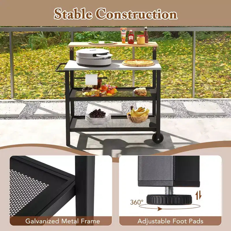 Costway Rolling Bar Cart w/ Flip-up Table Hooks Paper Towel Holder 2 Bistro Stools