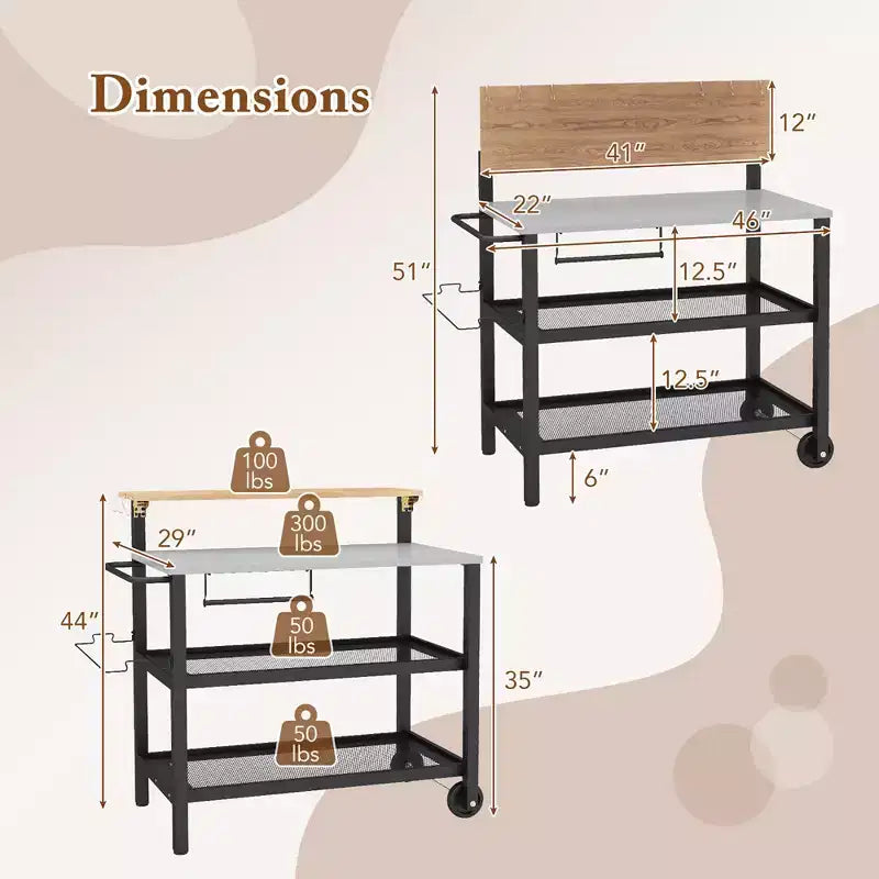Costway Rolling Bar Cart w/ Flip-up Table Hooks Paper Towel Holder 2 Bistro Stools
