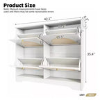 MAYEERTY Mid-Century Narrow Tipping Bucket Shoe Cabinet, 4 Flip Drawers 4 Rattan Doors 2 Silvery Hooks 42.1W, White