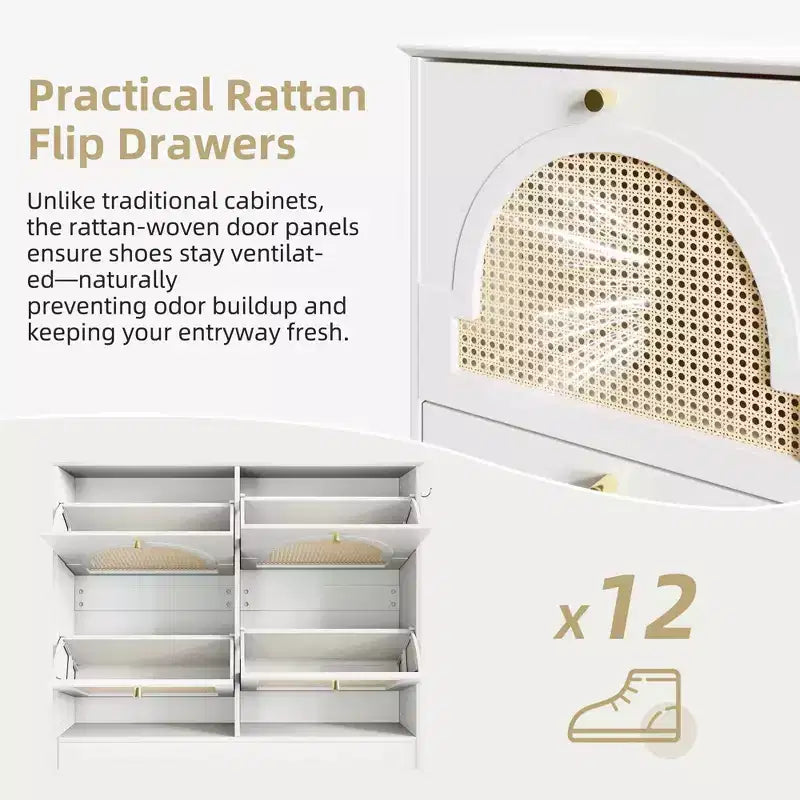 MAYEERTY Mid-Century Narrow Tipping Bucket Shoe Cabinet, 4 Flip Drawers 4 Rattan Doors 2 Silvery Hooks 42.1W, White