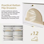MAYEERTY Mid-Century Narrow Tipping Bucket Shoe Cabinet, 4 Flip Drawers 4 Rattan Doors 2 Silvery Hooks 42.1W, White