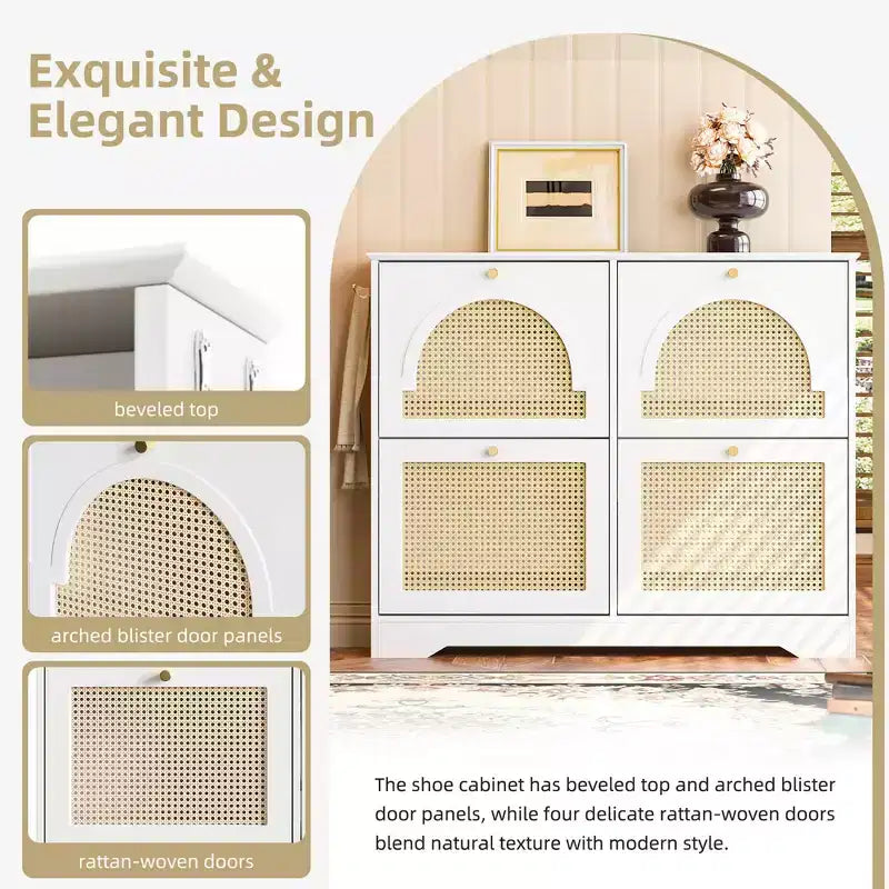 MAYEERTY Mid-Century Narrow Tipping Bucket Shoe Cabinet, 4 Flip Drawers 4 Rattan Doors 2 Silvery Hooks 42.1W, White