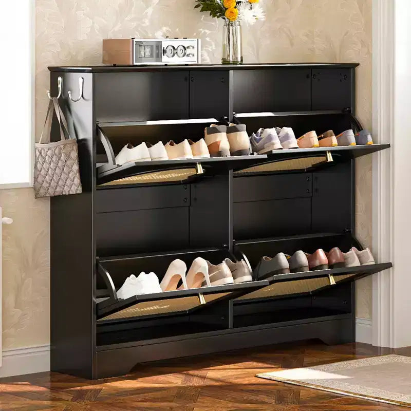 MAYEERTY Mid-Century Narrow Tipping Bucket Shoe Cabinet, 4 Flip Drawers 4 Rattan Doors 2 Silvery Hooks 42.1W, White