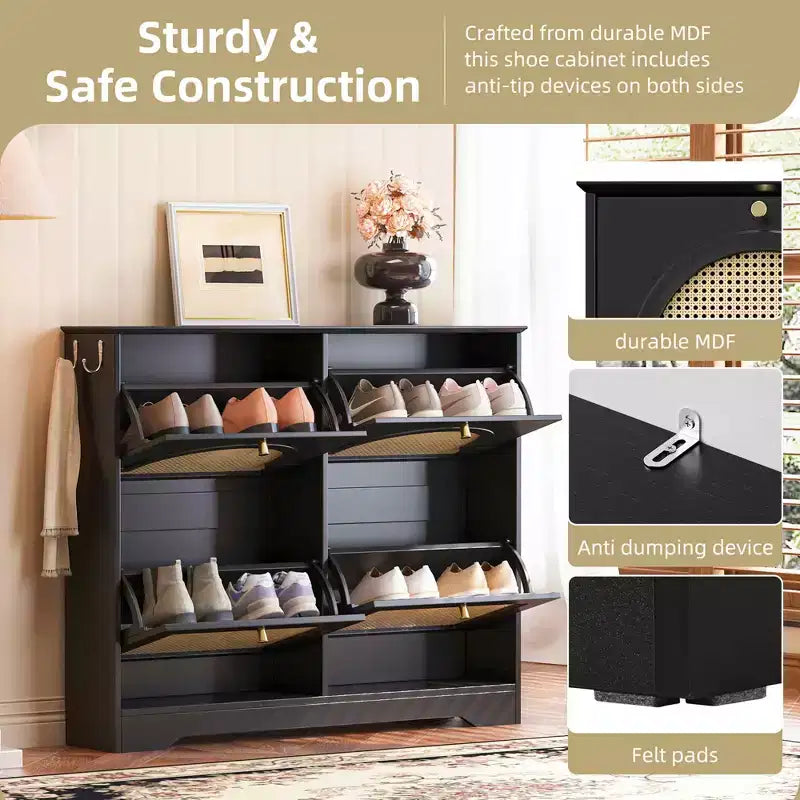 MAYEERTY Mid-Century Narrow Tipping Bucket Shoe Cabinet, 4 Flip Drawers 4 Rattan Doors 2 Silvery Hooks 42.1W, White