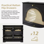 MAYEERTY Mid-Century Narrow Tipping Bucket Shoe Cabinet, 4 Flip Drawers 4 Rattan Doors 2 Silvery Hooks 42.1W, White