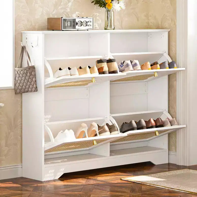 MAYEERTY Mid-Century Narrow Tipping Bucket Shoe Cabinet, 4 Flip Drawers 4 Rattan Doors 2 Silvery Hooks 42.1W, White