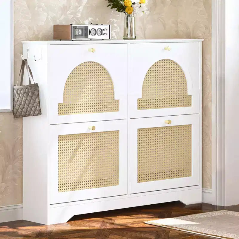 Mid-Century Narrow Shoe Cabinet with 4 Flip Drawers, 4 Rattan Doors & 2 Hooks — 42.1"W, White