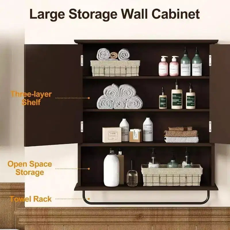 Wall Mounted Bathroom Cabinet Over Toilet with Towel Rack and Adjustable Shelf Large Brown Storage Cabinet 22x25 Inch