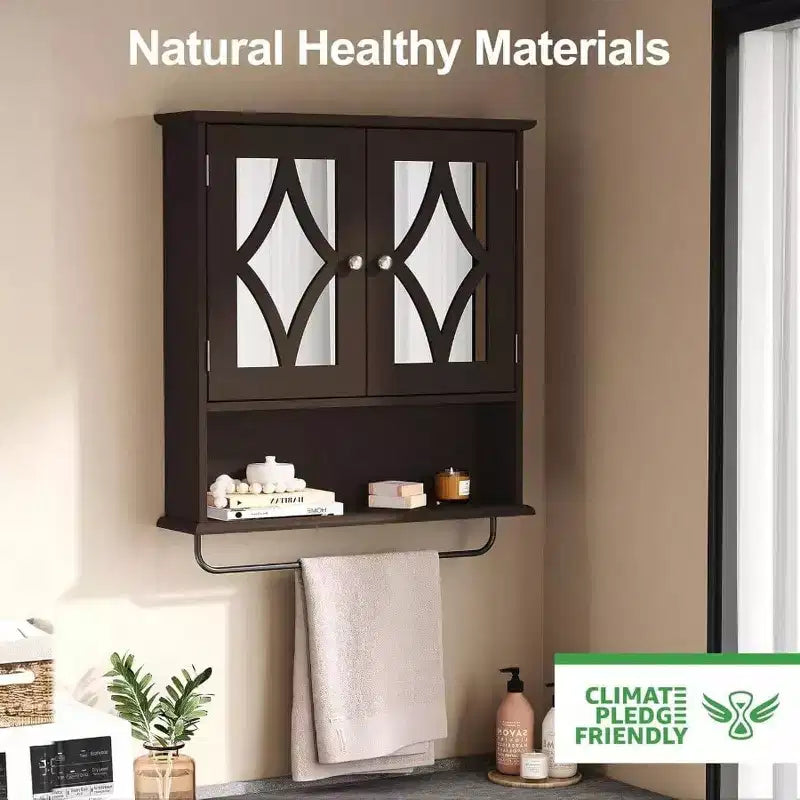Wall Mounted Bathroom Cabinet Over Toilet with Towel Rack and Adjustable Shelf Large Brown Storage Cabinet 22x25 Inch