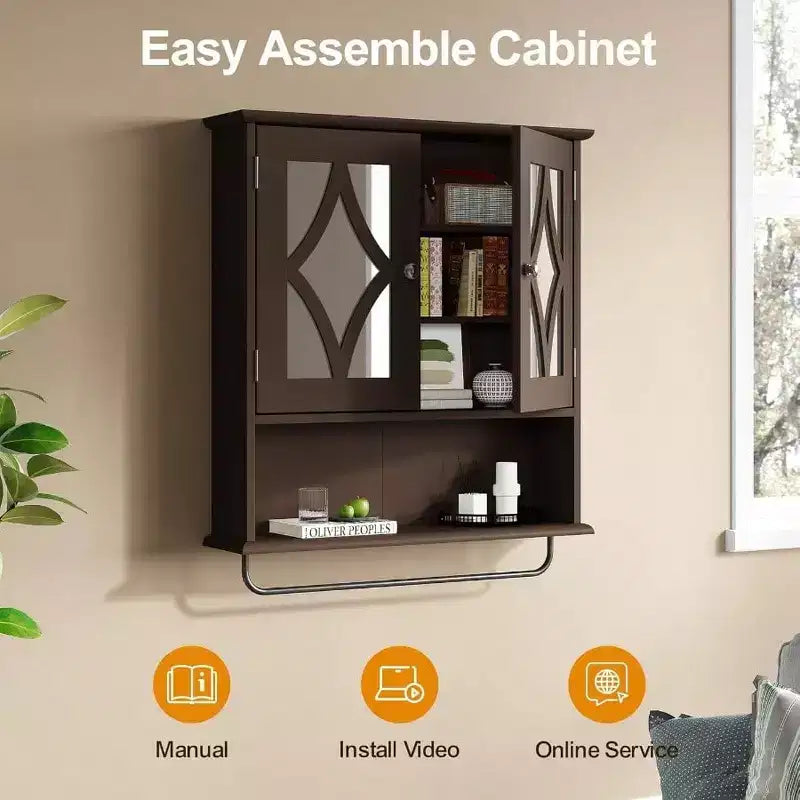 Wall Mounted Bathroom Cabinet Over Toilet with Towel Rack and Adjustable Shelf Large Brown Storage Cabinet 22x25 Inch
