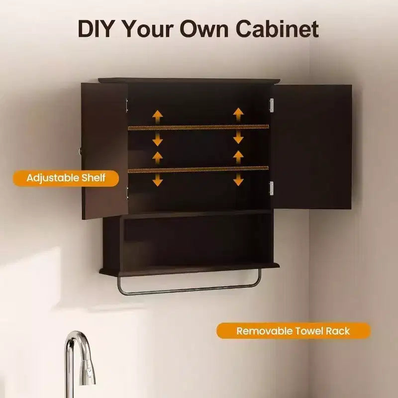 Wall Mounted Bathroom Cabinet Over Toilet with Towel Rack and Adjustable Shelf Large Brown Storage Cabinet 22x25 Inch
