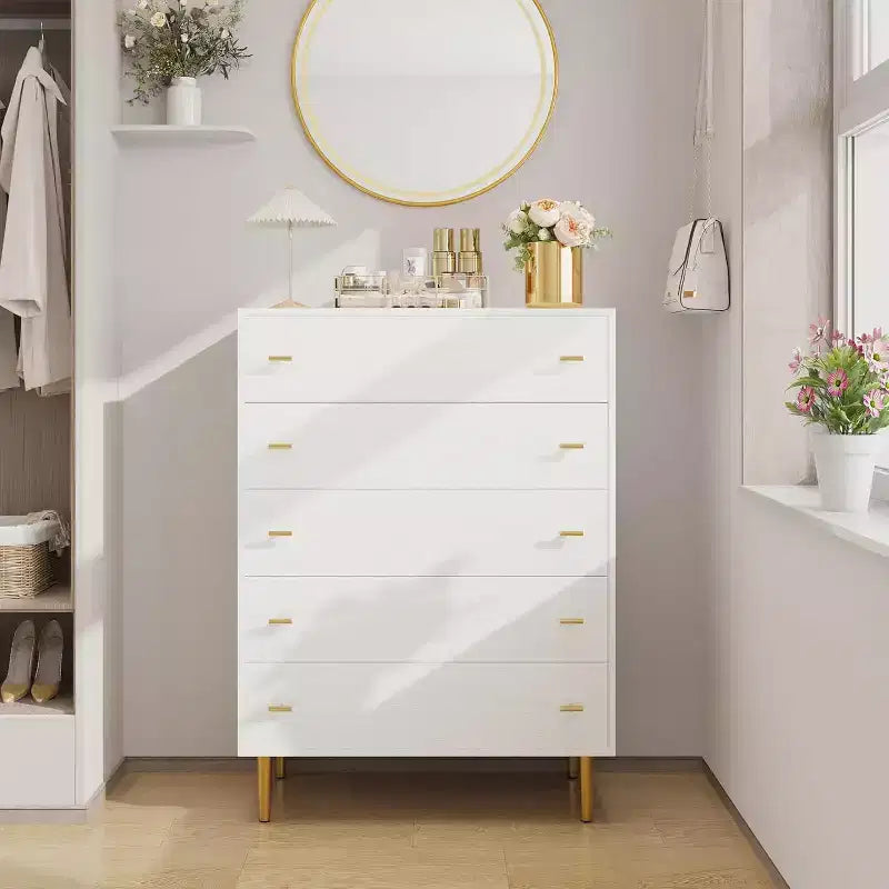 Tall 5-Drawer Dresser for Bedroom, Rustic Wood Chest with Bar Handles, Vintage Storage Organizer Cabinet for Bedroom, Living Room, or Hallway