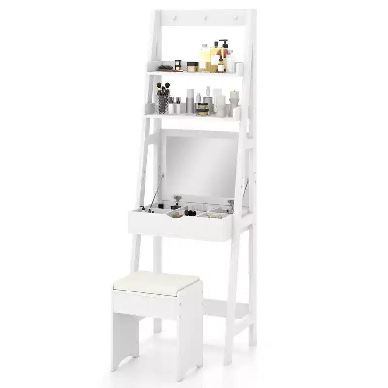 Costway Vanity Desk w/ Flip-up Mirror and Stool w/ 3-Color Lighting 6 Compartments