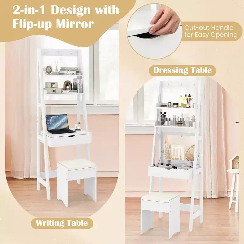 Costway Vanity Desk w/ Flip-up Mirror and Stool w/ 3-Color Lighting 6 Compartments