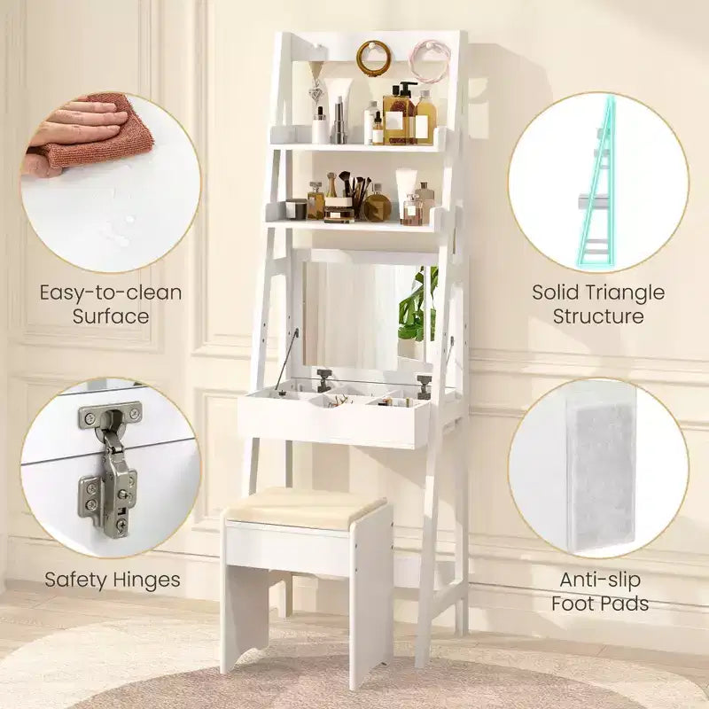 Costway Vanity Desk w/ Flip-up Mirror and Stool w/ 3-Color Lighting 6 Compartments