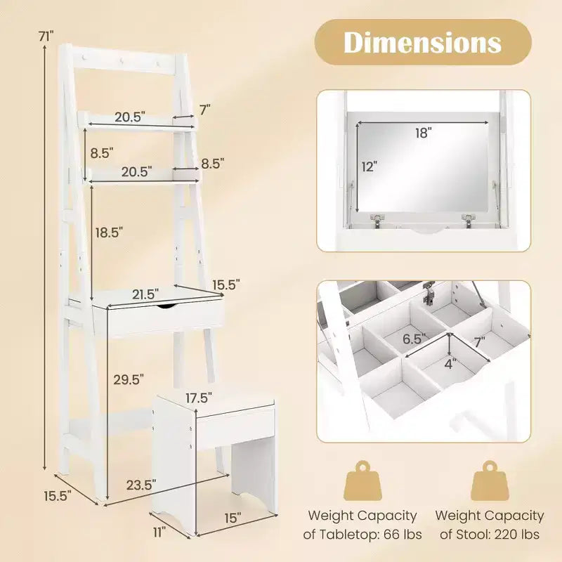 Costway Vanity Desk w/ Flip-up Mirror and Stool w/ 3-Color Lighting 6 Compartments