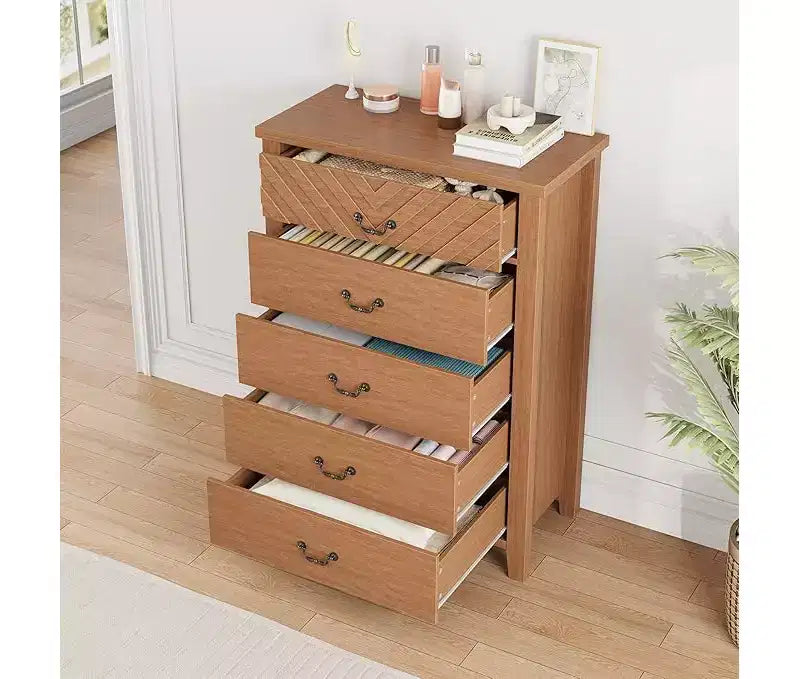 5 Drawer Dresser for Bedroom, Brown 5 Chest of Drawers Nightstand with Elegant V Shape Design, Wooden Dresser Organizer for Living Room, Nursery