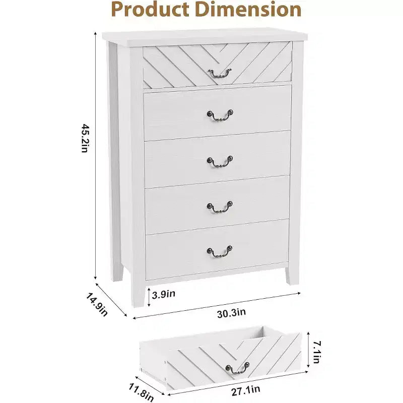 5 Drawer Dresser for Bedroom, Brown 5 Chest of Drawers Nightstand with Elegant V Shape Design, Wooden Dresser Organizer for Living Room, Nursery