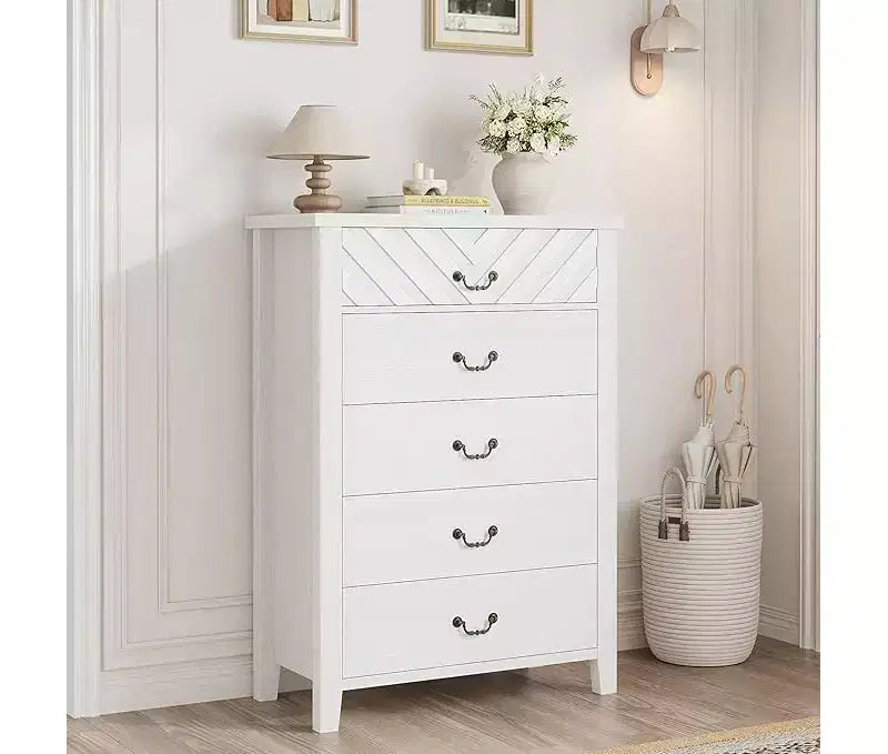 5 Drawer Dresser for Bedroom, Brown 5 Chest of Drawers Nightstand with Elegant V Shape Design, Wooden Dresser Organizer for Living Room, Nursery
