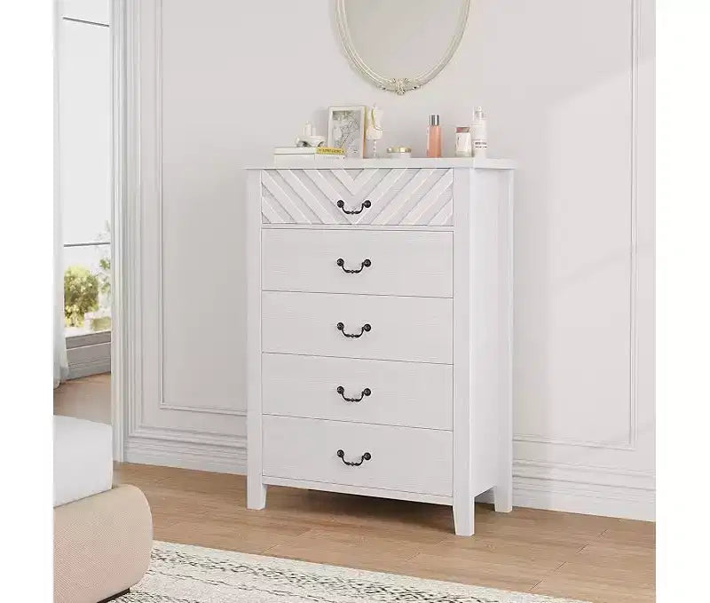 Commode à 5 tiroirs pour chambre à coucher, table de chevet marron à 5 tiroirs avec élégant design en V, commode de rangement en bois pour salon, chambre d'enfant.