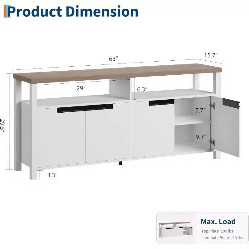 Farmhouse TV Stand for 70 In TV,63 Inch Long Entertainment Center with Storage and Open Shelf,Large Television Stand, Modern Tall Media Console Table
