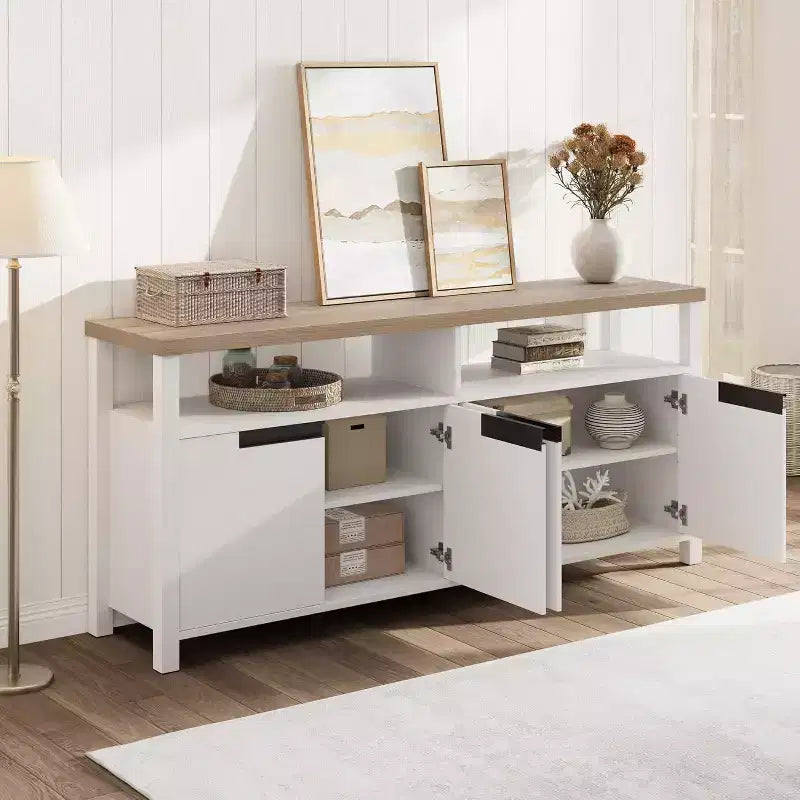 Farmhouse TV Stand for 70 In TV,63 Inch Long Entertainment Center with Storage and Open Shelf,Large Television Stand, Modern Tall Media Console Table
