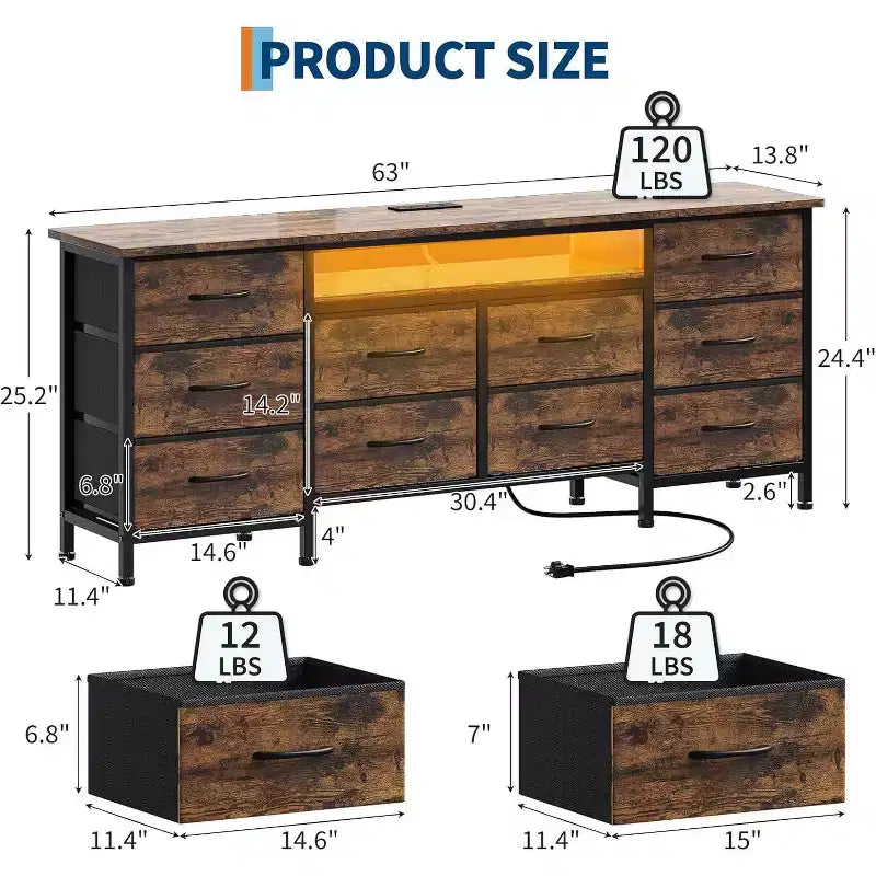 TV Stand for 65-75 Inch TV, 10 Drawer Long Dresser with Power Outlets and LED Lights, 63 Inch Entertainment Center TV Stand Dresser Storage Drawers