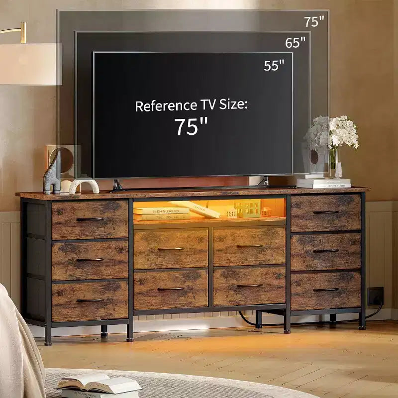 TV Stand for 65-75 Inch TV, 10 Drawer Long Dresser with Power Outlets and LED Lights, 63 Inch Entertainment Center TV Stand Dresser Storage Drawers