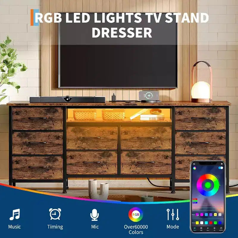 TV Stand for 65-75 Inch TV, 10 Drawer Long Dresser with Power Outlets and LED Lights, 63 Inch Entertainment Center TV Stand Dresser Storage Drawers