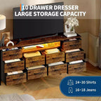 TV Stand for 65-75 Inch TV, 10 Drawer Long Dresser with Power Outlets and LED Lights, 63 Inch Entertainment Center TV Stand Dresser Storage Drawers