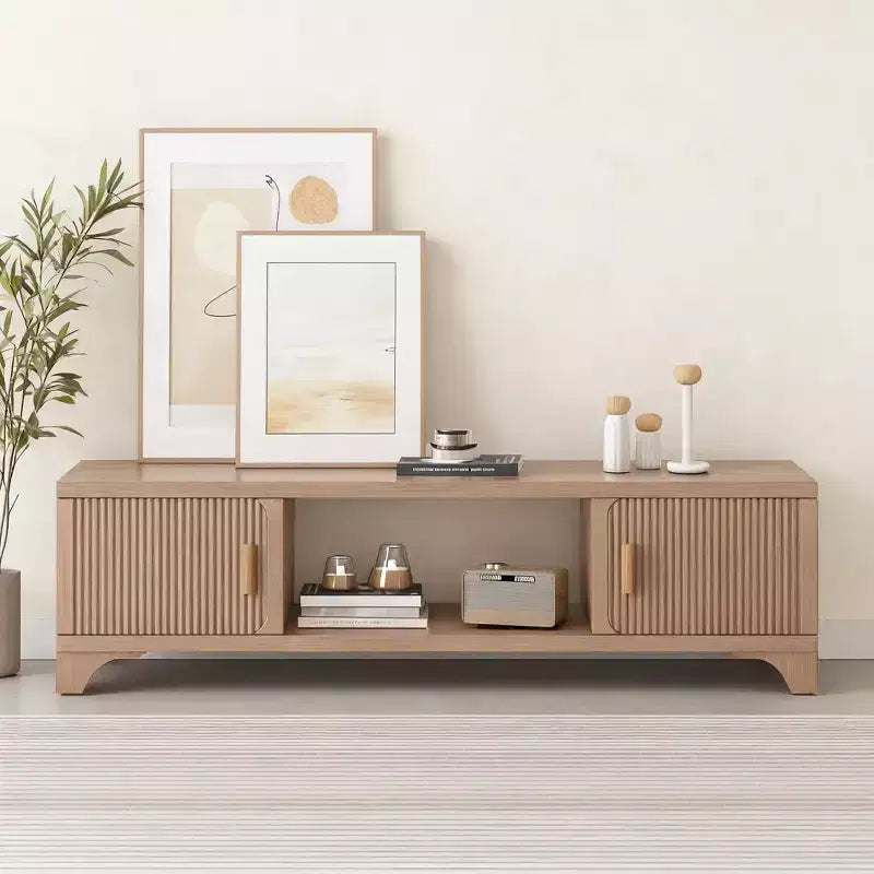 Mid Century Modern TV Stand for 55–65 Inch TVs, Boho Media Console with Fluted Doors, Storage Cabinets & Open Shelf