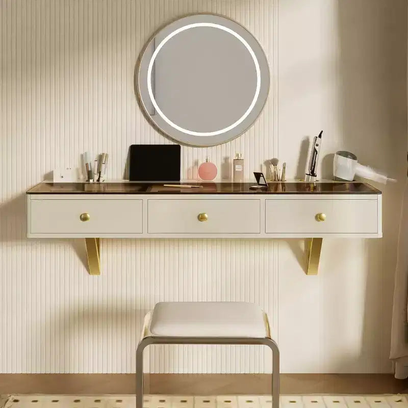 Okak Multi-Purpose Wall-Mounted Vanity Desk with Drawer, Makeup Vanity with Glass Tabletop, Compact Vanity for Bedroom, Hairdressers