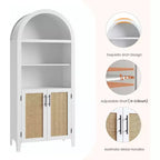 Arched Bookcase with Doors - 5 Tier Open Display Shelf with Rattan Decor, Modern Bookshelf Storage Cabinet for Home Office Living Room Library