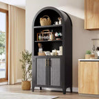 Arched Bookcase with Doors - 5 Tier Open Display Shelf with Rattan Decor, Modern Bookshelf Storage Cabinet for Home Office Living Room Library