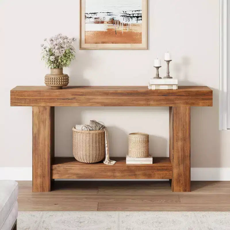2-Tier Long Console Table Sofa Table, Farmhouse Entryway Accent Table Behind Couch for Entrance, Hallway, Living Room