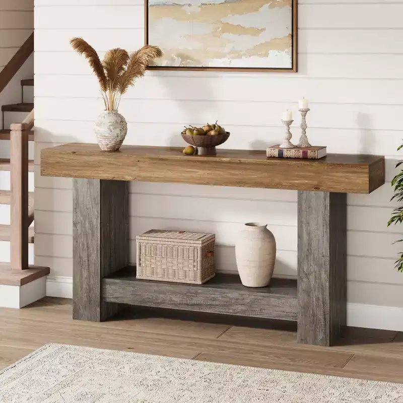 2-Tier Long Console Table Sofa Table, Farmhouse Entryway Accent Table Behind Couch for Entrance, Hallway, Living Room