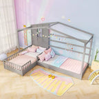 Costway L-shaped Double Twin Beds House Platform Beds w/ Window & Fences ray